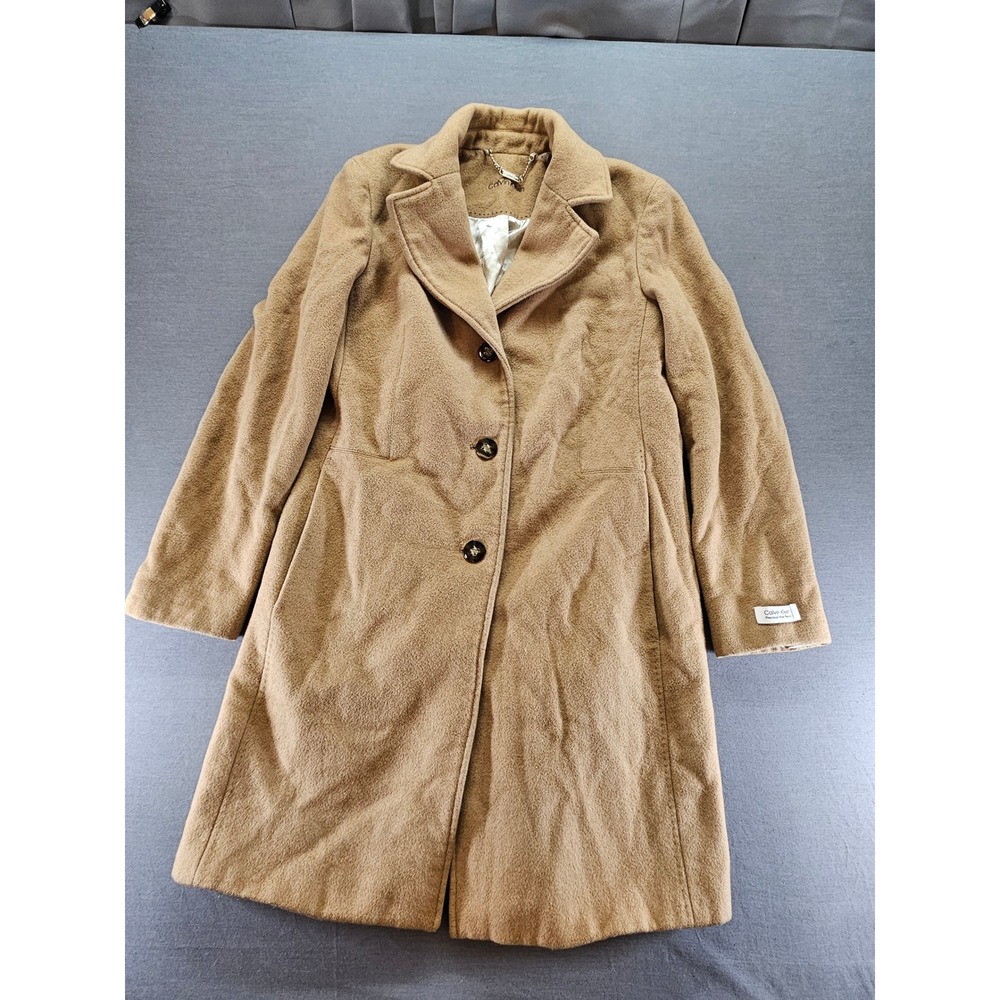 Calvin Klein Womens Camel Wool Cashmere Blend Button Front Overcoat Size 8